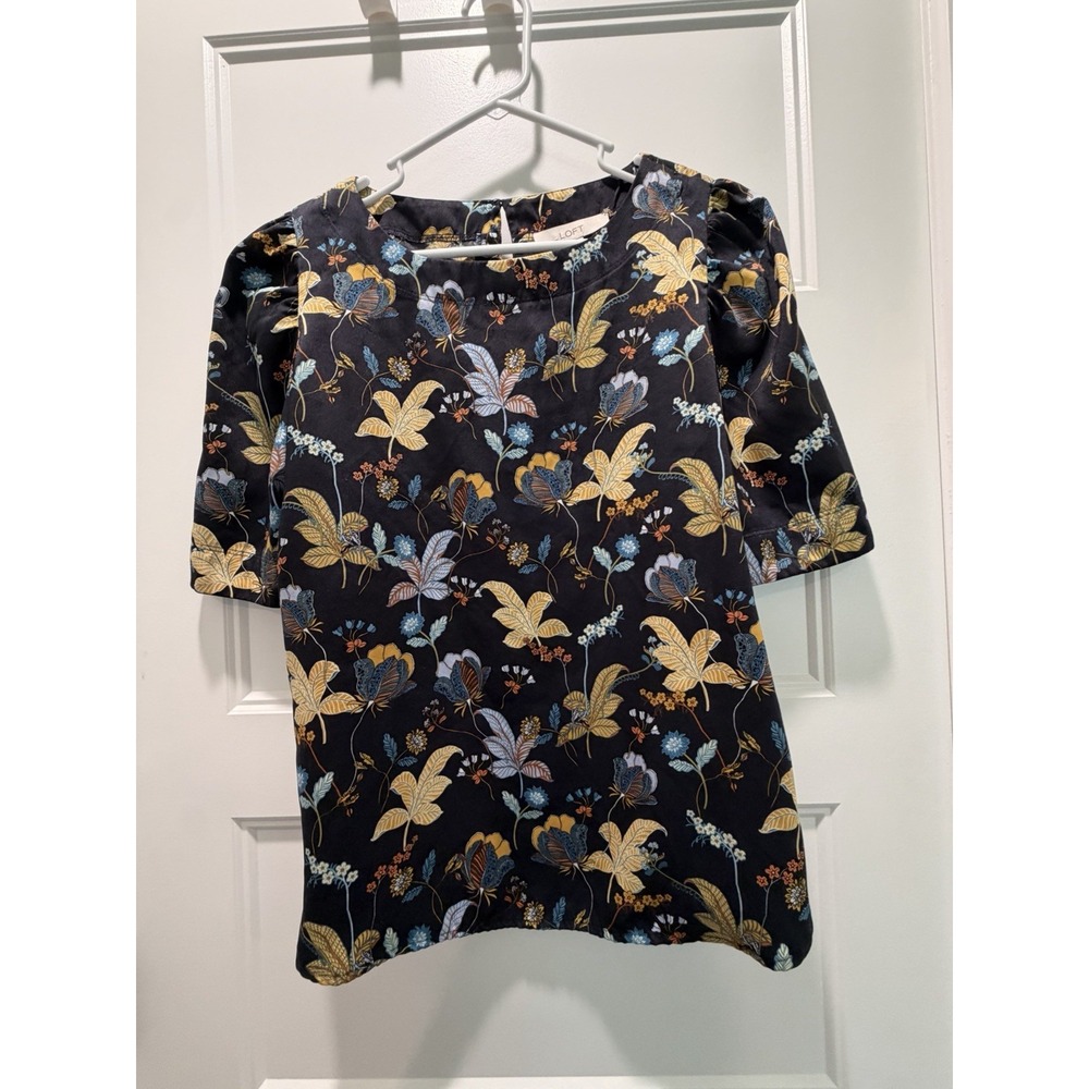 Loft Medium Black Mustard Teal Floral Puff Sleeve Top Botanical Key Hole Blouse